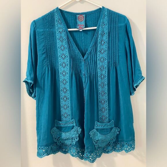 Gorgeous Johnny Was Teal Embroidered Lacy 1/2 sleeve Boho Top in Size Small - Picture 1 of 8